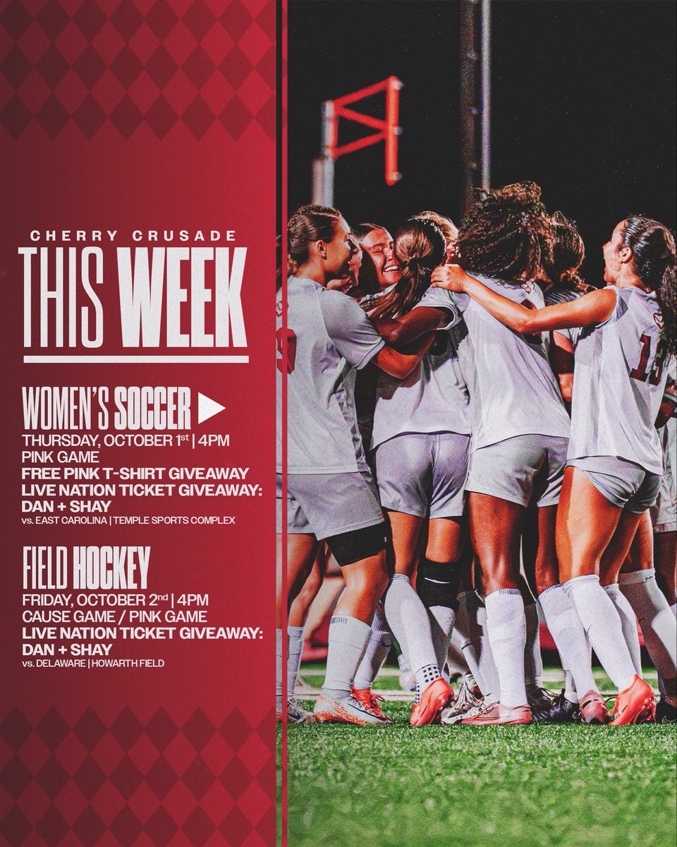 cherrycrusade's tweet photo. THIS WEEK🗓️‼️🦉

Only two home events for the Owls this week! Make sure to come out and support @templewsoccer on Thursday and @TempleFH on Friday🍒 

Also, we’re giving away more tickets to @DanAndShay at both games, courtesy of @LiveNationPhila 🎟️ 

#GoOwls🦉 https://t.co/HhnQWaqmVv