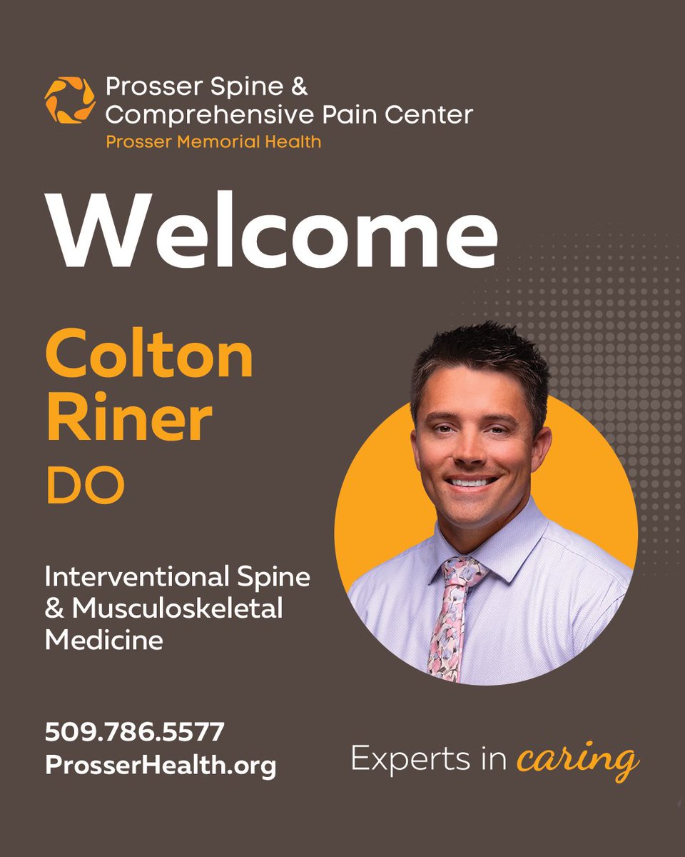 PMHMedicalCente's tweet photo. Please join us in welcoming Dr. Colton Riner, DO, to Prosser Memorial Health’s Spine &amp; Comprehensive Pain Center!
To schedule an appointment, call 509.786.5577 or learn more at https://t.co/iXeCZ9JMiS. #ExpertsInCaring #ProsserWa https://t.co/637vVKfFEZ