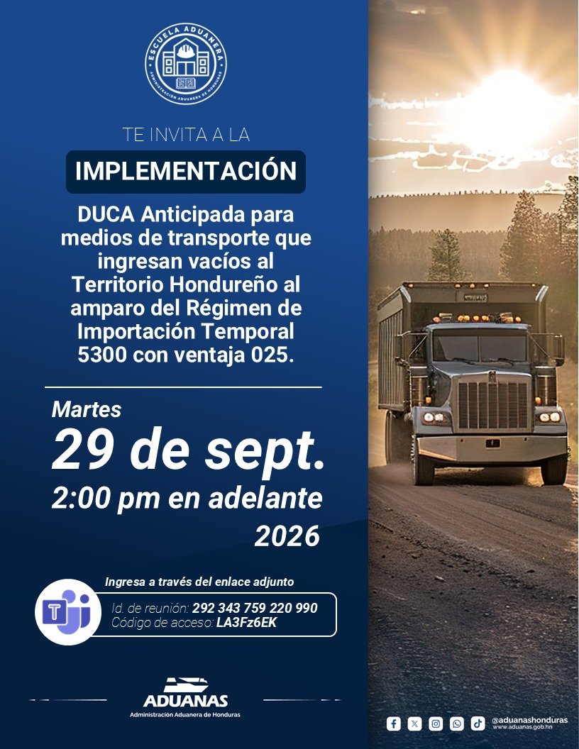 AduanasHonduras's tweet photo. ¡Atención, sector comercio y transporte!

💻 Modalidad: Virtual
📅 Fecha: Martes 29 de septiembre de 2026
🕑 Hora: 2:00 p. m. en adelante

🔗 Únete a la sesión:
🆔 ID de reunión: 292 343 759 220 990
🔐 Código de acceso: LA3Fz6EK https://t.co/byqLoQSZtS