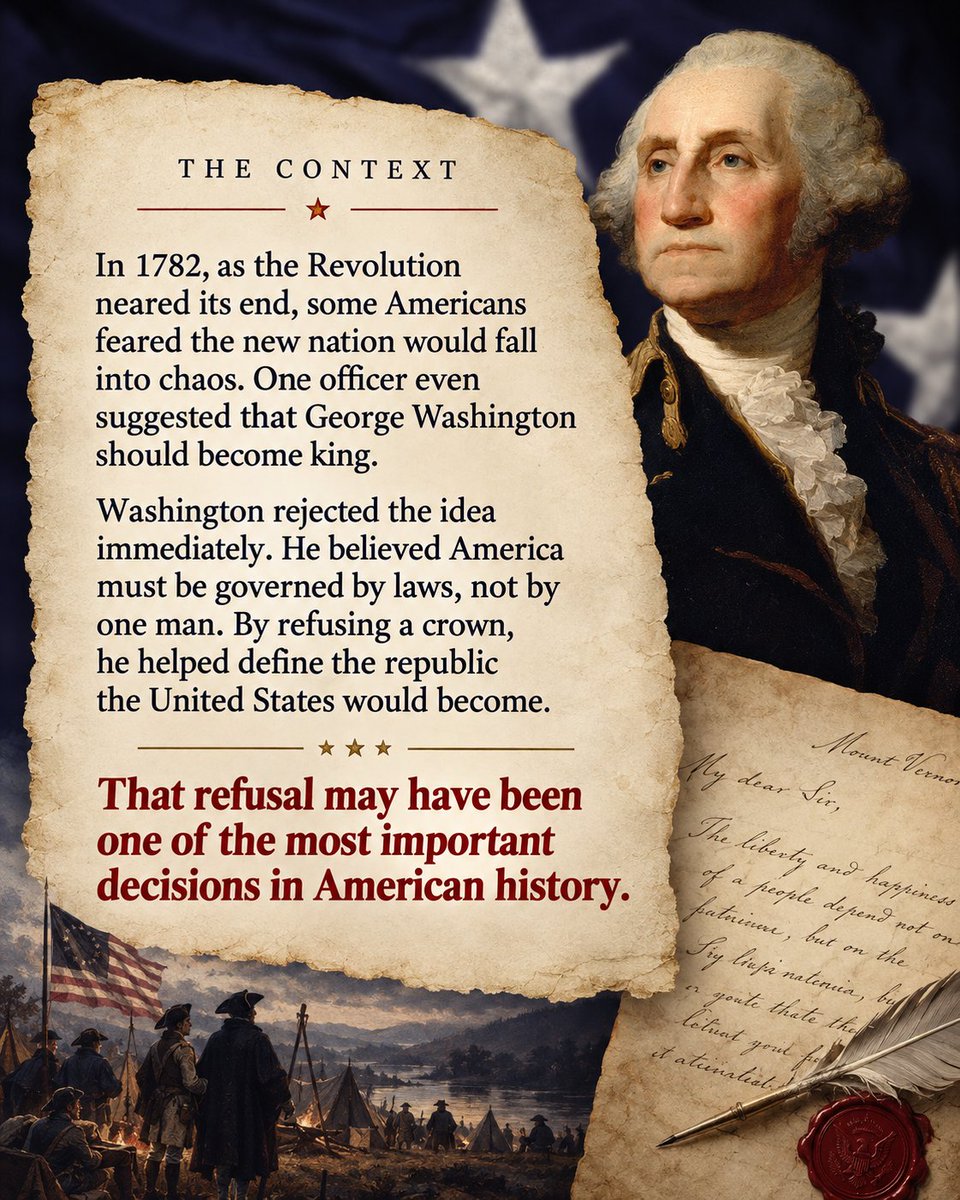 MansfieldWrites's tweet photo. Washington’s greatness was not only that he led.
It was that he knew when to step away.
He refused a crown after the Revolution, then later refused a third term as president — proving that in a republic, power is a trust, not a possession. #History #AmericanHistory #Facts #GeorgeWashington