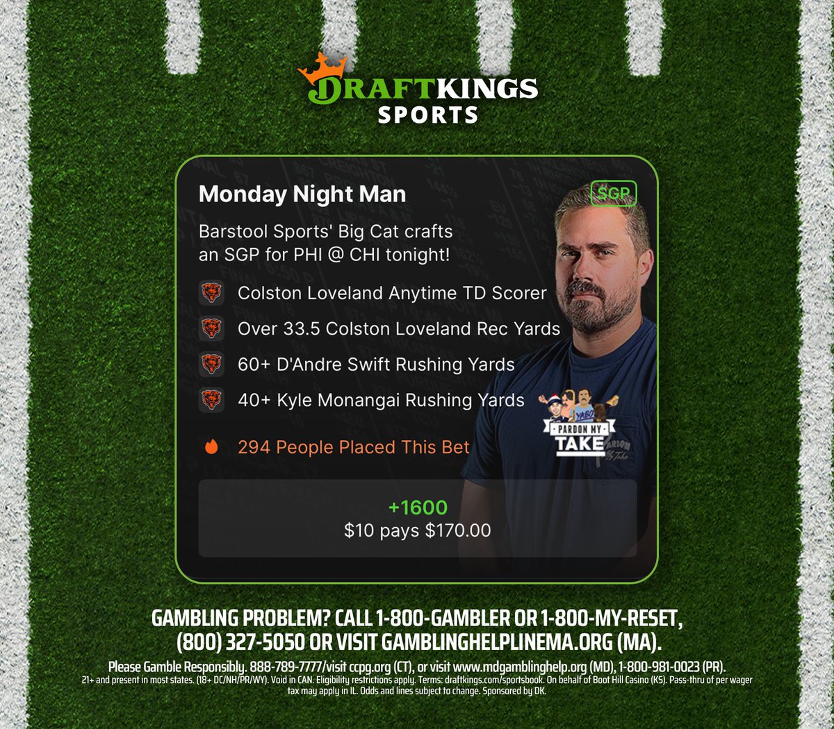 BarstoolBigCat's tweet photo. Threw together a MNF parlay. Let’s try to win one tonight #DKPartner  @DKSports https://t.co/ltwFAljx8l