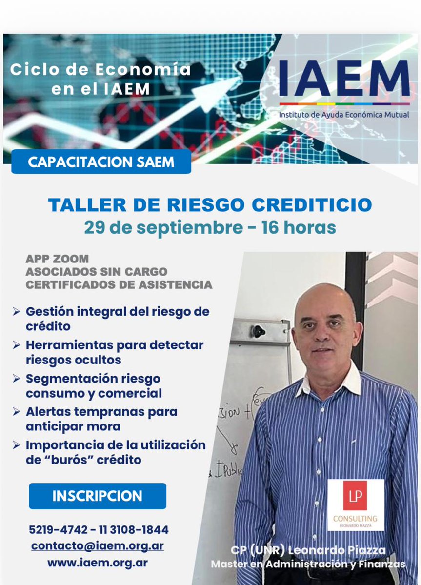lpconsultinglp's tweet photo. 📊 Mañana voy a participar del Taller de Riesgo Crediticio, organizado por IAEM, donde voy a compartir herramientas y conceptos para una gestión más integral del riesgo de crédito.

📅 29 de septiembre
🕓 16 hs
💻 Modalidad Zoom
🎓 Certificados de asistencia

#Consultoría https://t.co/53DVGNffzv