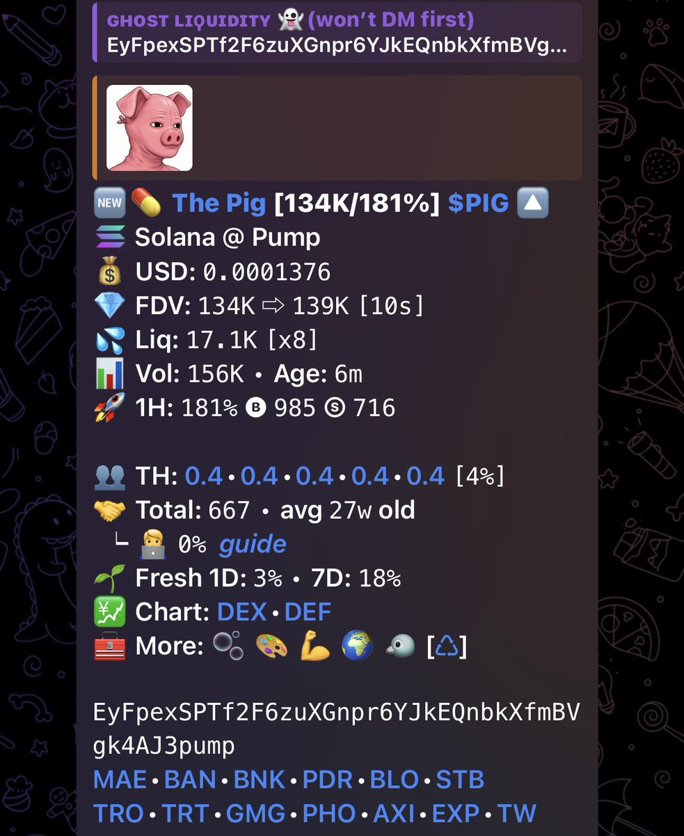Ghost_Iiquidity's tweet photo. Watch your entries on $PIG
EyFpexSPTf2F6zuXGnpr6YJkEQnbkXfmBVgk4AJ3pump
#Eth #memecoin #memecoin1000x #crypto
Tg👉 https://t.co/Gk3QR2J8iB to join 🔥💎 https://t.co/gpWeruPHKN