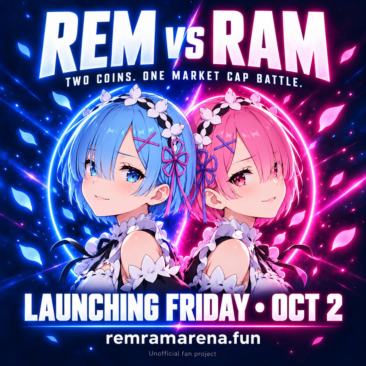 RemRamArena's tweet photo. 💙 REM vs RAM 🩷

We’re launching two rival coins on https://t.co/sD2gs2TinE Friday, Oct 2.

The arena will track both market caps live. Higher market cap takes the lead.

Team Rem or Team Ram? 👇

https://t.co/zgmS3kPbBV

Follow for launch time + contract addresses. https://t.co/dbNO7DBgiZ