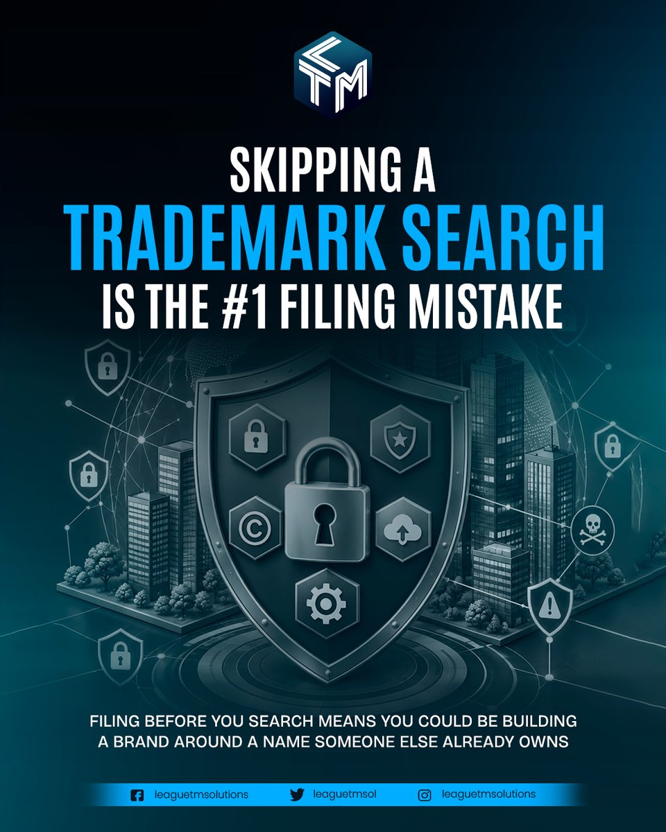 leaguetmsol's tweet photo. Skipping a trademark search is the #1 filing mistake. You could be building a brand around a name someone else owns. 🔍

#LeagueTMSolutions #TrademarkTips https://t.co/SPayU0KE7t