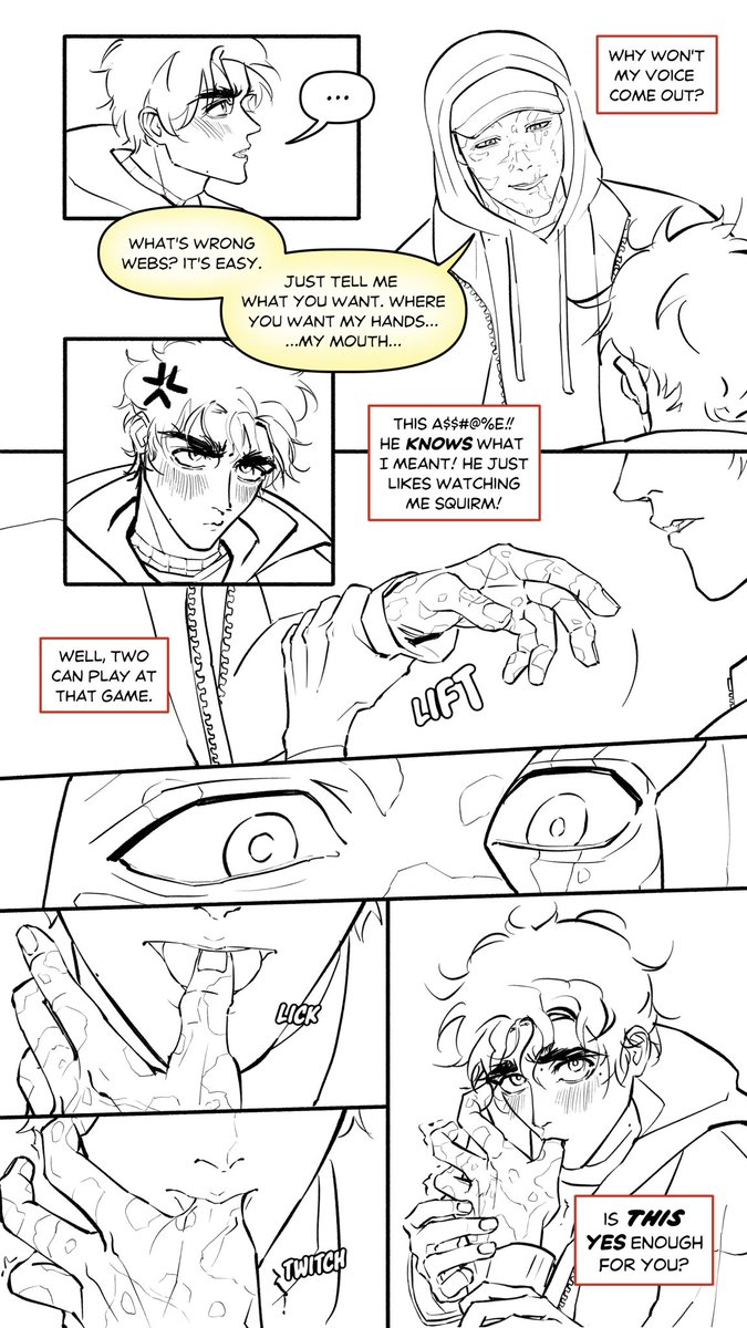 squeakyluf's tweet photo. Soooooo here’s the uncoloured version of pg.5 of the Spideypool comic thingy
No nudity but I’m putting the content warning just in case since it is pretty suggestive 😭😅 https://t.co/b9AbOFZxaZ