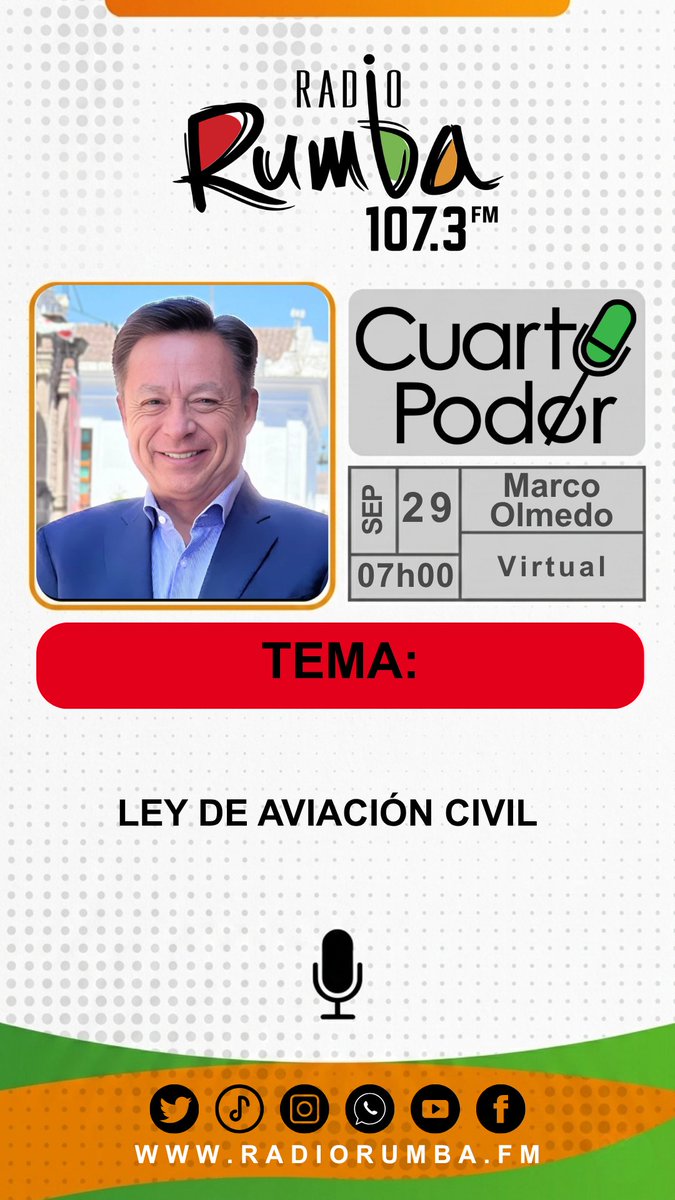 RadioRumbaEc's tweet photo. 🔴Mañana en #CUARTOPODER: Marco Olmedo (@marcoolmedook), Asambleísta por Cotopaxi de la bancada de ADN (@Adnecuadorok), con el tema: "Ley de Aviación Civil"
🕕07h00 | 107.3 FM #RadioRumba
#ADN #AsambleaNacional #Cotopaxi #Ecuador https://t.co/xCel2GpJx4