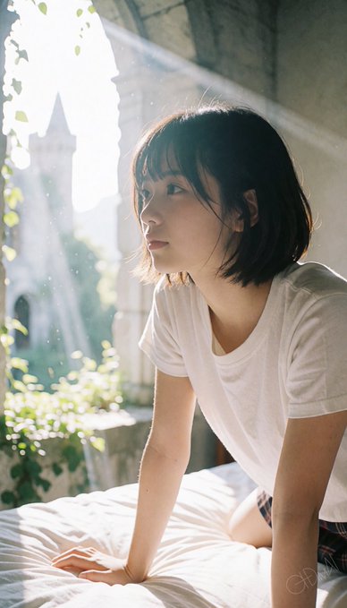 A young woman with short brown hair sits on a white bed in a sunlit room with stone architecture and greenery visible through a window.