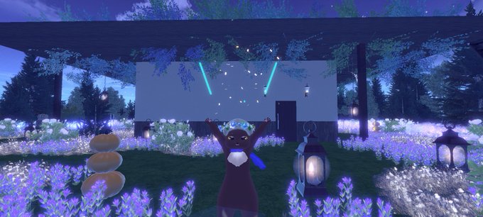 A 3D animated character with animal ears stands in a field of glowing purple flowers at night, with spotlights shining into the sky.