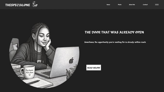 A website screenshot for 'THESPECIALONE' featuring a pencil-style illustration of a woman at a laptop with a mug reading 'Big dreams Real plans', and text stating 'THE DOOR THAT WAS ALREADY OPEN' and 'Sometimes, the opportunity you're waiting for is already within reach.'