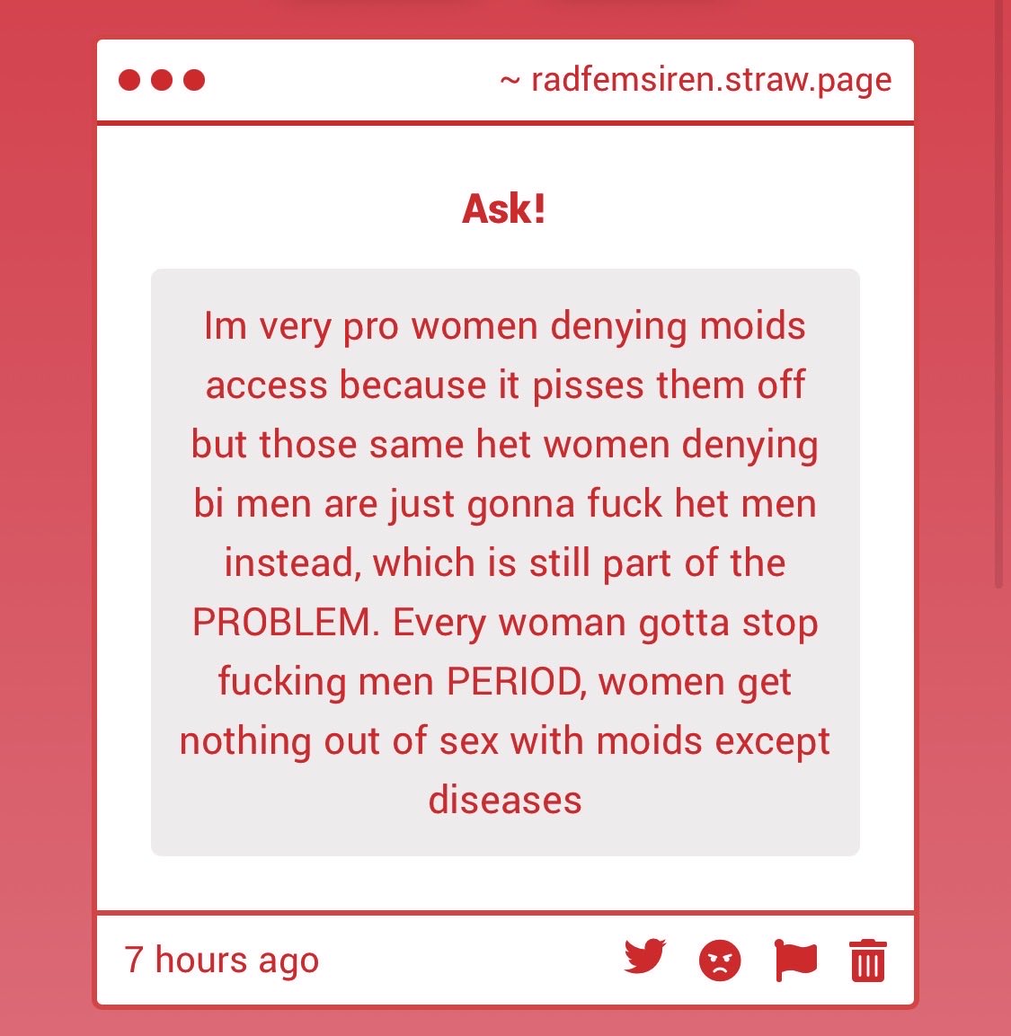 radfemsiren's tweet photo. Shhhh we gotta sneak in the separatism rhetoric quietly sis 👀 keep it quiet on the creek lol #asks https://t.co/HMdI11Fgrq