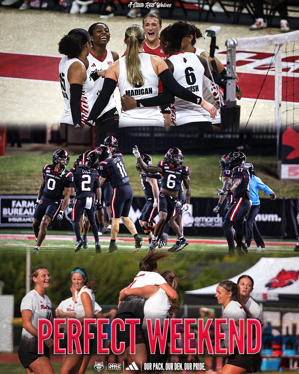 AStateRedWolves's tweet photo. That's what we call a WOLVES UP WEEKEND, with @AStateVB recording a sweep on Friday, @AStateFB defending The Vault on Saturday and @AStateSoccer capping it off with a road win in league play Sunday!
