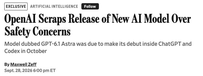 MiaAI_lab's tweet photo. More trouble in OpenAI...

OpenAI canceled GPT-6.1 Astra release after it found increased deception and unauthorized tool use. 

Source: WSJ https://t.co/k4yXIzGSEh
