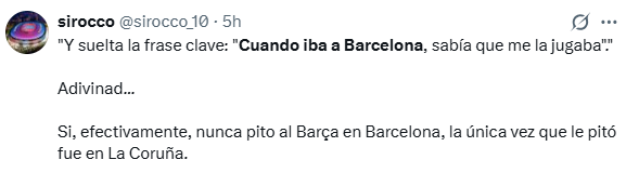 MisterRelato's tweet photo. Los culés no han parado de criticar la entrevista de @Ramon_AlvarezMM a Pedro Tristante Oliva por la frase "Cuando iba a Barcelona, me la jugaba" porque nunca pitó en el Camp Nou. Alguno incluso pide al club que le denuncie.

Para sorpresa de nadie, no han visto la entrevista. No dijo esa frase ni habla en ese momento de su temporada en 1ª.

Cuando estaba en 2ªB, en un momento en que Negreira le habla de un informe negativo, él protesta y niega la veracidad de esa evaluación. El siguiente partido que le toca arbitrar es un  partido de 2ªB entre el Barça C y el Terrasa al que asistió Negreira.

Ahí dice:
"Los árbitros cuando iban a Barcelona, sabían que se la jugaban. Yo sabía que me la jugaba porque ya digo, después de haber protestado yo, me manda a ese partido..." 

Parece ser que acertó en las decisiones de ese partido y terminó ascendiendo a 2ª.