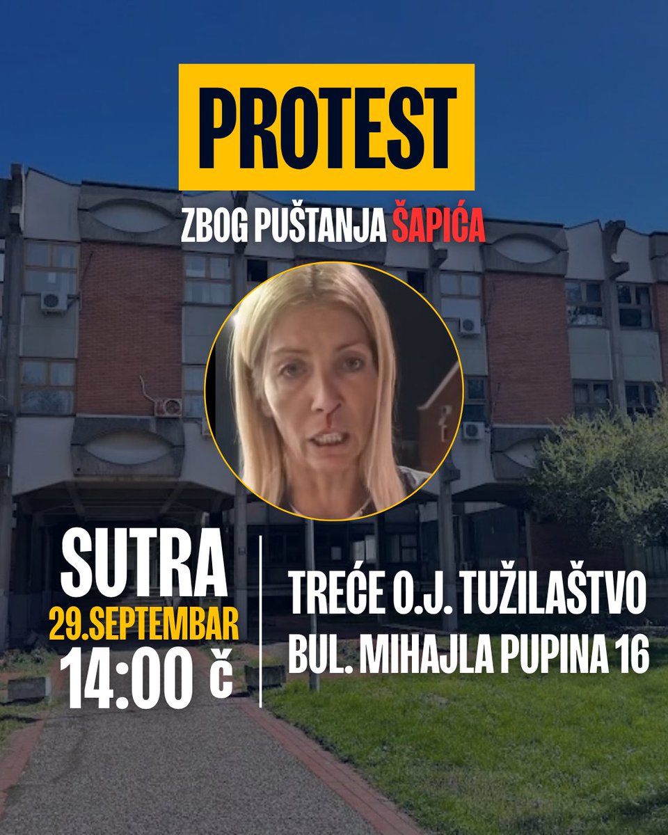 KPromeni's tweet photo. Tanji Mićić je večeras gradonačelnik Šapić razbio nos. Nakon toga ga je privela policija i pustila posle 15 minuta.

Zbog toga je sutra u 14 časova protest ispred Trećeg osnovnog tužilaštva!

Nećemo odustati dok ne saznamo ime javnog tužioca koji je pustio Šapića i dok pravda ne bude zadovoljena. Podnećemo krivičnu prijavu i tražimo da odmah bude uhapšen.