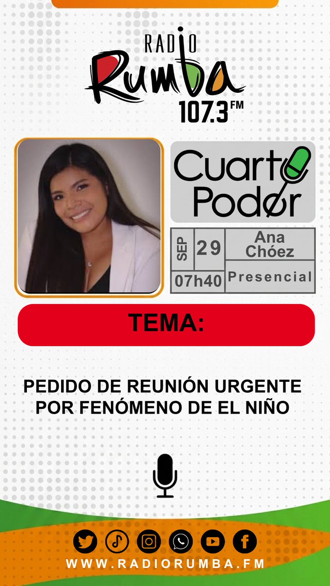 RadioRumbaEc's tweet photo. 🔴Mañana en #CUARTOPODER: MSc. Ana Chóez (@AnaChoezV), concejal de Guayaquil, con el tema: "Pedido de reunión urgente por Fenómeno de El Niño"
🕕07h40 | 107.3 FM #RadioRumba
#Guayaquil #FenomenoDeElNino #ConcejoCantonal #Ecuador https://t.co/LB0fj5s60U