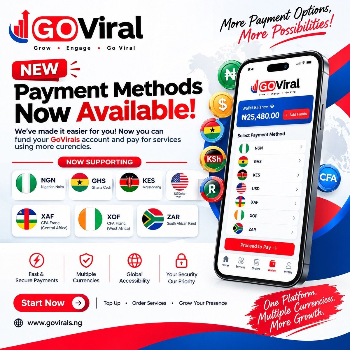 goviralsng's tweet photo. You can now fund your GoVirals account and pay for services using:

🇳🇬 NGN • 🇬🇭 GHS • 🇰🇪 KES • 🇺🇸 USD
🌍 XAF • XOF • 🇿🇦 ZAR

One platform. Multiple currencies. More ways to grow.

Visit 👉 https://t.co/FfaNZsNJsZ

#GoVirals #SocialMediaMarketing #PaymentOptions #GoViral https://t.co/D1ZzxLBp7D
