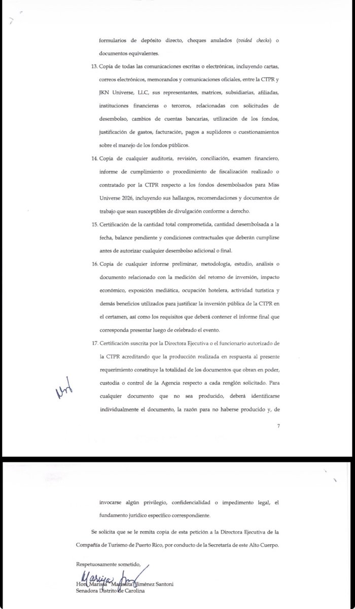 MillyMendezpr's tweet photo. Senado pide a Turismo q entregue el expediente completo para poder determinar cómo se contrataron los servicios de Miss Universe, cuánto dinero público se ha pagado, a quién se pagó, a qué cuentas fue el dinero, quién autorizó las transacciones y qué controles utilizaron https://t.co/Abt1c6s1jc