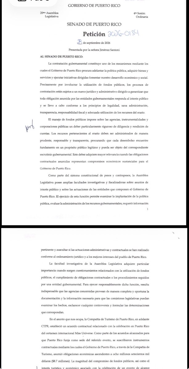 MillyMendezpr's tweet photo. Senado pide a Turismo q entregue el expediente completo para poder determinar cómo se contrataron los servicios de Miss Universe, cuánto dinero público se ha pagado, a quién se pagó, a qué cuentas fue el dinero, quién autorizó las transacciones y qué controles utilizaron https://t.co/Abt1c6s1jc