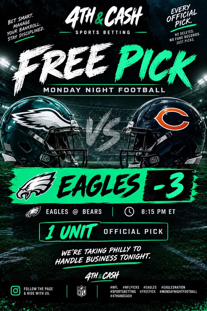 4thandcash's tweet photo. 🦅 FREE PICK: EAGLES -3 | 3 UNITs

No reason to overthink it.

No Caleb Williams. Better team. We saw the fluke Vegas shit last game. There’ll be no BS tonight.

EAGLES HANDLE BUSINESS. 🦅💰

#4thAndCash #NFLPicks #Eagles https://t.co/jkOwOtHc1E
