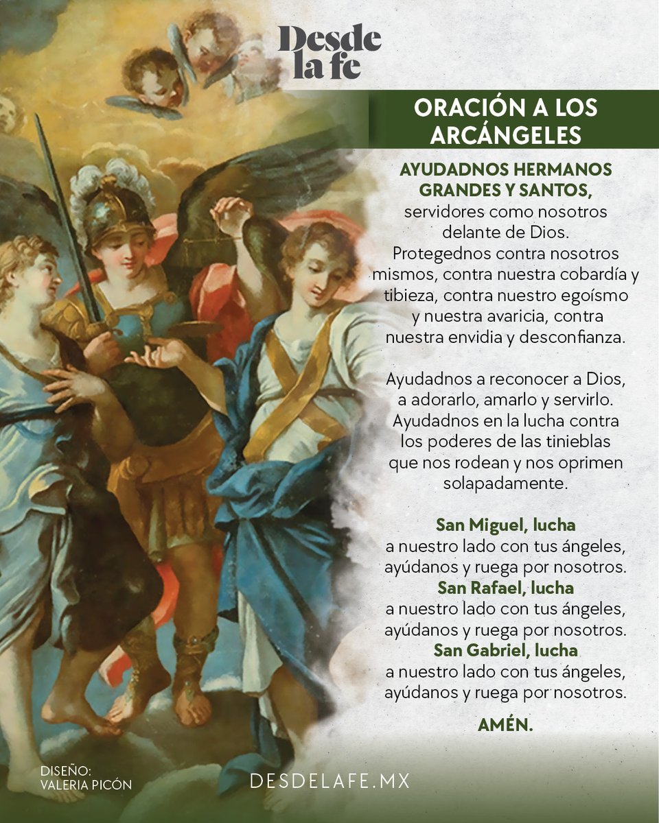 DesdeLaFeMx's tweet photo. ¡La Iglesia celebra a los Arcángeles! 👼🎉

Miguel, Gabriel y Rafael han sido mensajeros y guardianes desde tiempos antiguos, acompañando a la humanidad en sus momentos de miedo.

Te compartimos aquí su oración: https://t.co/gONhqV6pQV

#Arcángeles #Iglesia https://t.co/LLbr2SUDth
