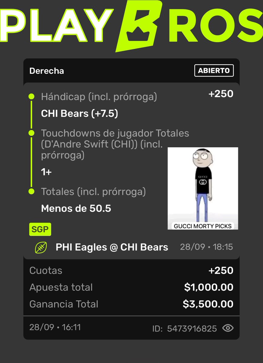GucciMortyPicks's tweet photo. Monday Night Football, así vamos por hoy para que salga mañana la arrachera infinita #dabears https://t.co/U1wHn6aiJu