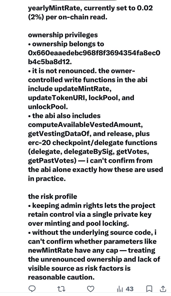 ImAlucard2's tweet photo. @based_elnen @TheHivemindOS @nxt3d Appreciate the honesty from the @bankrbot breakdown. It confirms a single private key controls <updateMintRate>, lockPool, and unlockPool without public code to verify the safety guardrails.
#٢٠٣٠_بلا_نقاب #ppfyetamödeme https://t.co/0xKK5dGL8f