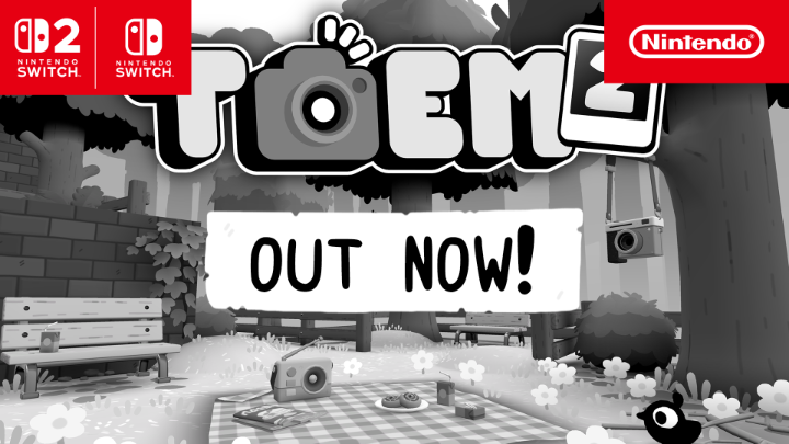 Promotional artwork for the Nintendo Switch game TOEM 2, featuring a black-and-white illustrated park scene with cameras and a picnic, prominently displaying "OUT NOW!" along with Nintendo Switch and Switch 2 logos, supporting the announcement of the game's release on Nintendo platforms.