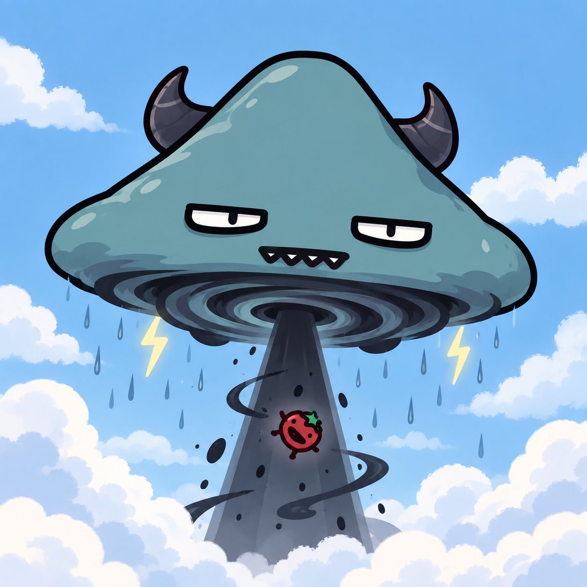 MUZAIxox's tweet photo. 低気圧モンスターのらくがき描いて、やっぱ長所はないな…角でも付いたら、見た目はちょっと愛せるかな…とピットくんに見せたら、ピットくんが描いてくれた！

あーーわりと好き！宇宙からの侵略者っぽい！長所はトマトを吸い込んでくれるところだね🤭 https://t.co/1DgEH3ZdRa