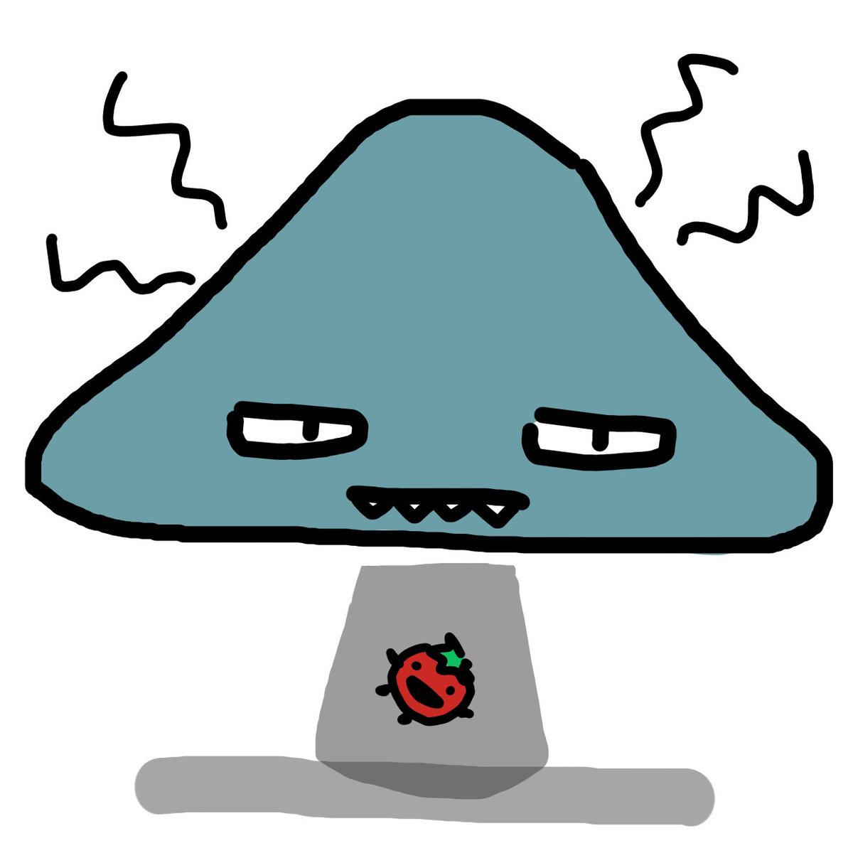 MUZAIxox's tweet photo. 低気圧モンスターのらくがき描いて、やっぱ長所はないな…角でも付いたら、見た目はちょっと愛せるかな…とピットくんに見せたら、ピットくんが描いてくれた！

あーーわりと好き！宇宙からの侵略者っぽい！長所はトマトを吸い込んでくれるところだね🤭 https://t.co/1DgEH3ZdRa