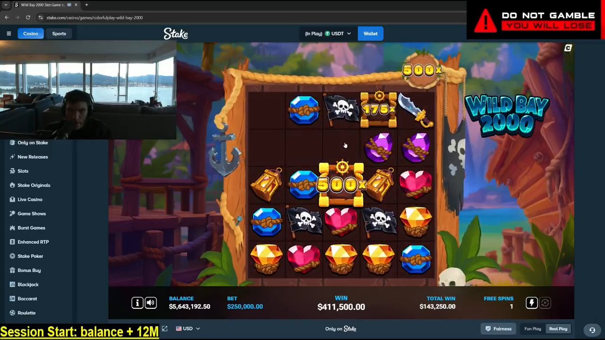 A screenshot of a streamer playing the "Wild Bay 2000" slot game on Stake.com, showing a balance of $5,643,192.50, a $250,000 bet, and a $411,500 win, with a red "DO NOT GAMBLE - YOU WILL LOSE" warning in the corner.