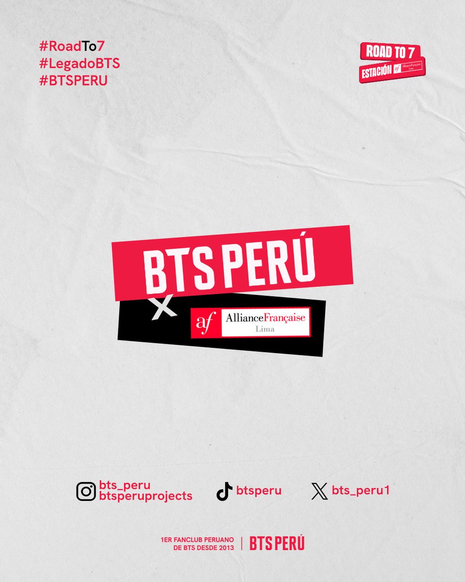 bts_peru1's tweet photo. ✨ Una nueva estación se suma a ROAD TO 7 🙌🏻💜

Esta vez, @AFLima_Oficial se une a nuestro recorrido como parte de LEGADO BTS, abriendo nuevas oportunidades para aprender, crecer y seguir construyendo nuevos caminos. 🇫🇷

¿Qué nos espera en esta nueva estación? 👀

🎓 Una beca del 100% por dos meses para estudiar francés durante noviembre y diciembre de 2026, que podrás ganar a través de una dinámica de sorteo.

Y eso no es todo🤭
También podrás acceder a un 20% de descuento en tus clases de francés utilizando el código MONSOLEIL20 al inscribirte a través de la web de Alianza Francesa.

💜 Muy pronto te contaremos cómo participar en la dinámica y ser parte del sorteo por esta beca.

#RoadTo7 #LegadoBTS #AlianzaFrancesa #BTSPERU