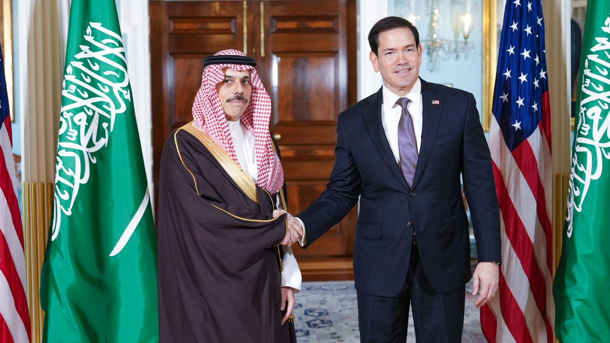 SecRubio's tweet photo. Met with Saudi Foreign Minister Prince Faisal bin Farhan to discuss our bilateral cooperation on regional security and stability, including in Iran, Gaza, Sudan, and Yemen. https://t.co/Kb8PiNLRwP