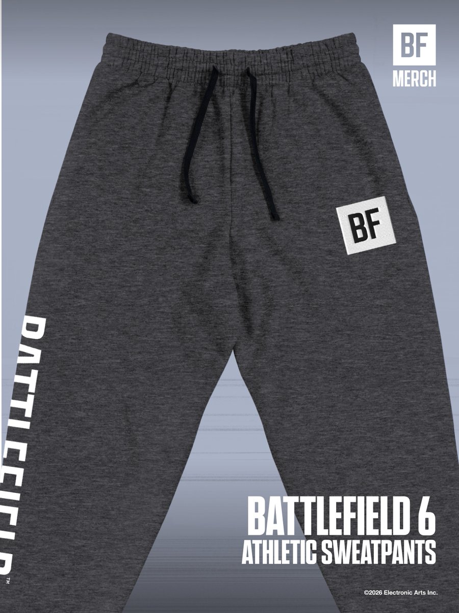BF_Merch's tweet photo. Settle in for your next operation with the Battlefield 6 Athletic Sweatpants, made for all-day comfort🎯

https://t.co/1HYtEO1lqw

@Battlefield #Battlefield #BattlefieldMerch https://t.co/VmRXfjrPfY