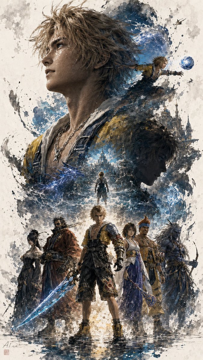 AIna_artmusic's tweet photo. MEMORY ARCHIVE 39 // MAY 11, 2026

This FFX ensemble still feels like a lost remake poster.
Tidus in front, Yuna at his side, blue water magic moving through the whole party.

Would you replay Spira in this style?

https://t.co/kQFQlJByRk

#Tidus #Yuna #FFX #FinalFantasyX #MemoryArchive #GameArt #AIart #AIna