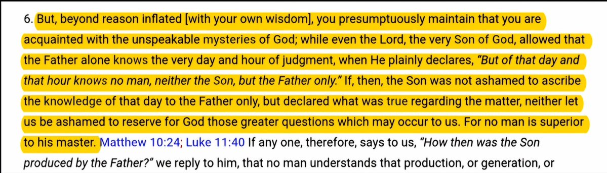 ApostleTempest's tweet photo. What’s The Best proof for the Trinity? I assume It’d be the Apostolic Church of Jesus right..? Oh well….

Irenaeus Of Lyon (~2nd century) Says The Father Is Greater than Jesus in knowledge (AH 2.28) He supposedly has a golden Apostolic Chain to John.
John—>Polycarp—>Irenaeus. https://t.co/UsuHN2v9aC