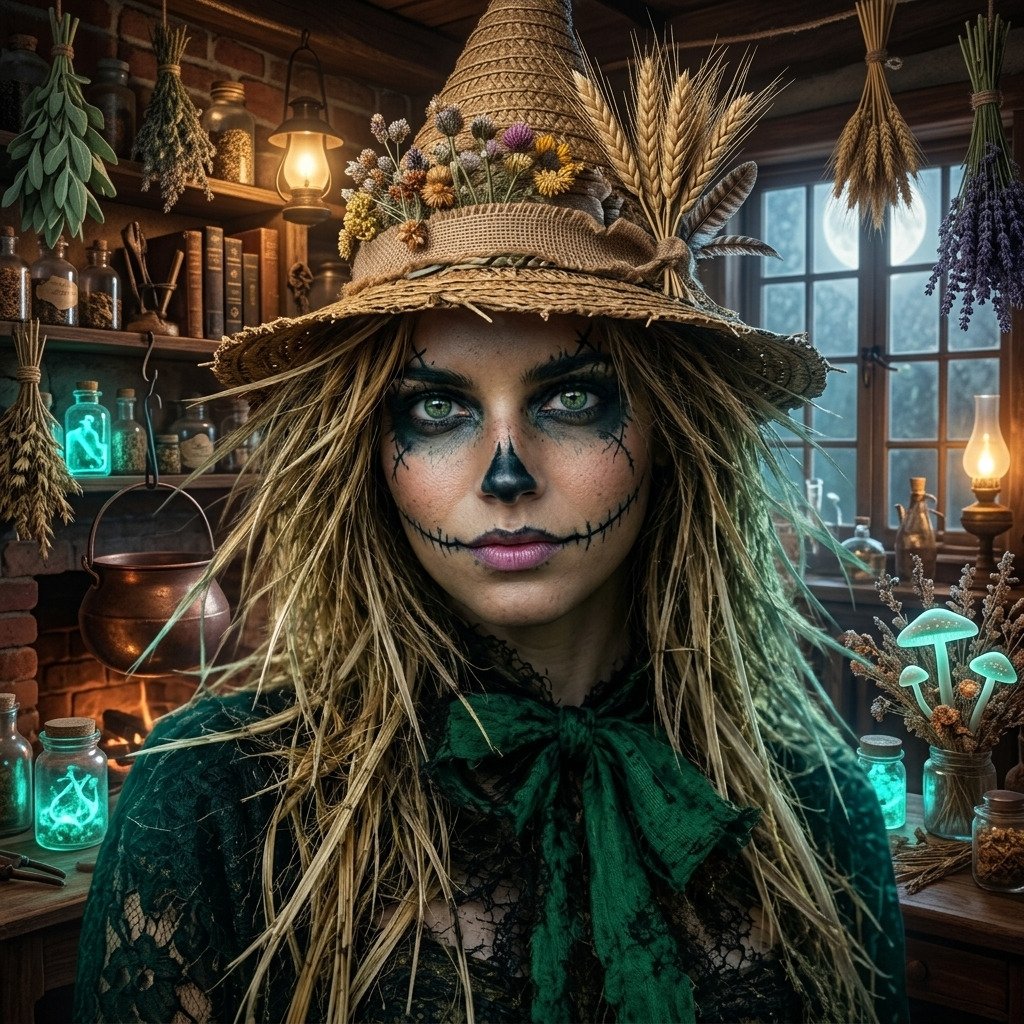 Giovanna_Rave's tweet photo. A detailed fantasy digital artwork using the uploaded user photo as an exact reference to maintain all of her specific facial features, facial structure, striking green eyes, and likeness under the artistic makeup. The woman is depicted as a beautiful yet eerie mystical scarecrow or witch, looking directly at the camera with a captivating and dark expression. Her face features dramatic makeup with stitched lines across her mouth, darkened eyes with stitched details, and a blackened nose tip. Her hair is stylized to look like messy, dry blonde straw. She is wearing a large, weathered dark green top hat wrapped with a matching green fabric ribbon and adorned with dried wheat stalks. Her outfit includes a black lace top with a large, rustic dark green fabric bow tied at her neck. The setting is a dark, cobweb-filled ancient library or study, with towering wooden bookshelves containing old books and glowing mystical runes carved into the pillars. Moonlight filters softly through a dusty window in the background, creating a moody, gothic Halloween atmosphere. Highly detailed, dark fantasy aesthetic, cinematic lighting, spooky and magical mood.