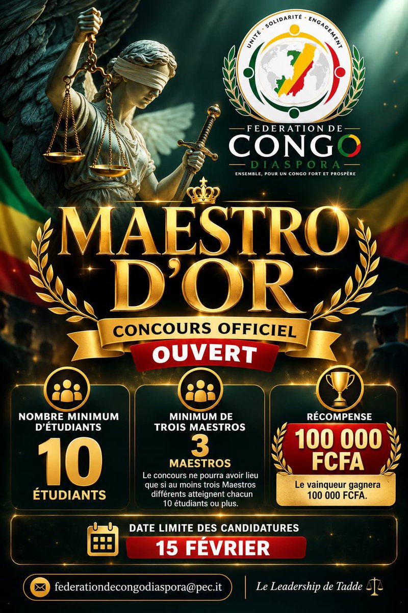 FediCongo_'s tweet photo. 🏆 OUVERTURE DU CONCOURS MAESTRO D’OR

#MaestroDOr
#AmbassadeursDuSavoir
#FederationDeCongoDiaspora https://t.co/imb2KZs8WO