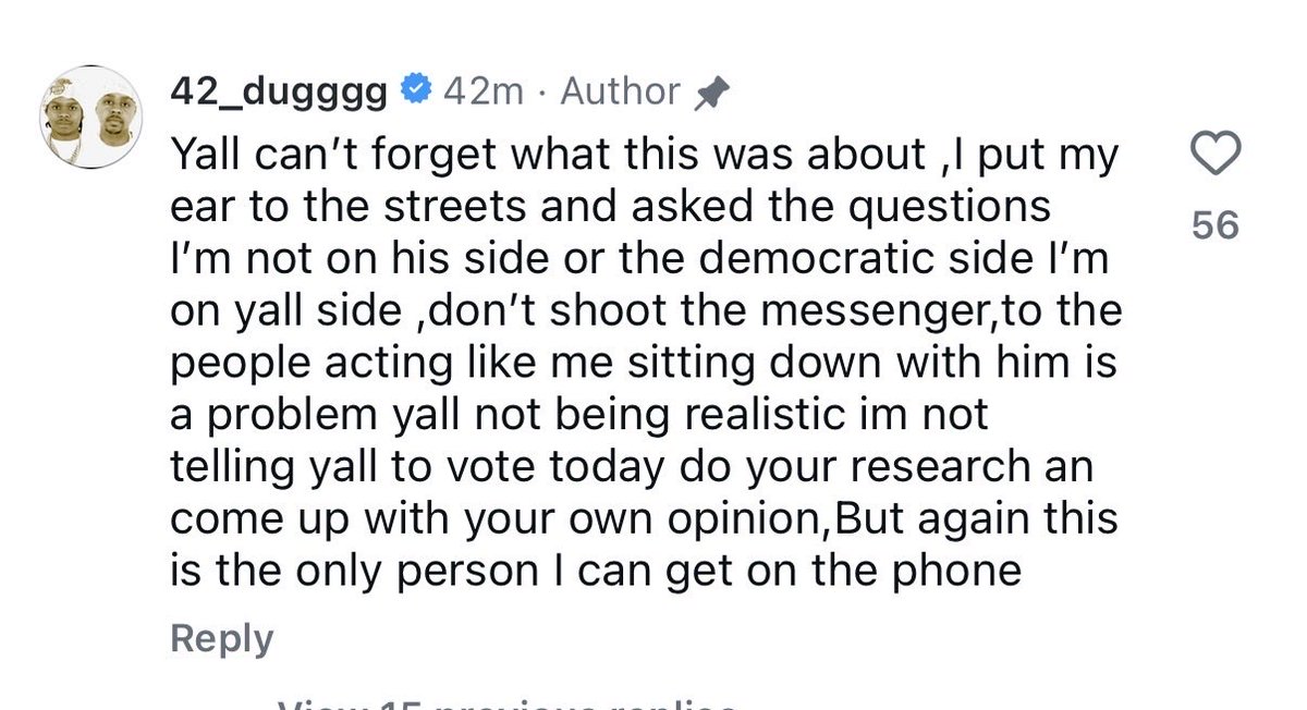 samueljrob's tweet photo. Dugg responding to negative comments says, “I’m not on his side… I’m on yall side… This is the only person I can get on the phone.”

However, he brought out James at a concert last month and told me at a downtown clothing store he’s supporting James for governor. https://t.co/FnxN1vuxiB