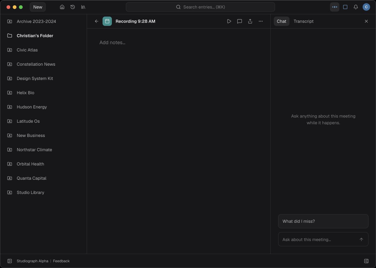 studiographai's tweet photo. Meeting Capture, a new feature in Studiograph, writes what happens in a call straight into your workspace, turning it into the people, organizations, and tasks it's about. You can also ask it questions live from the meeting chat. https://t.co/CbggkyO8RF