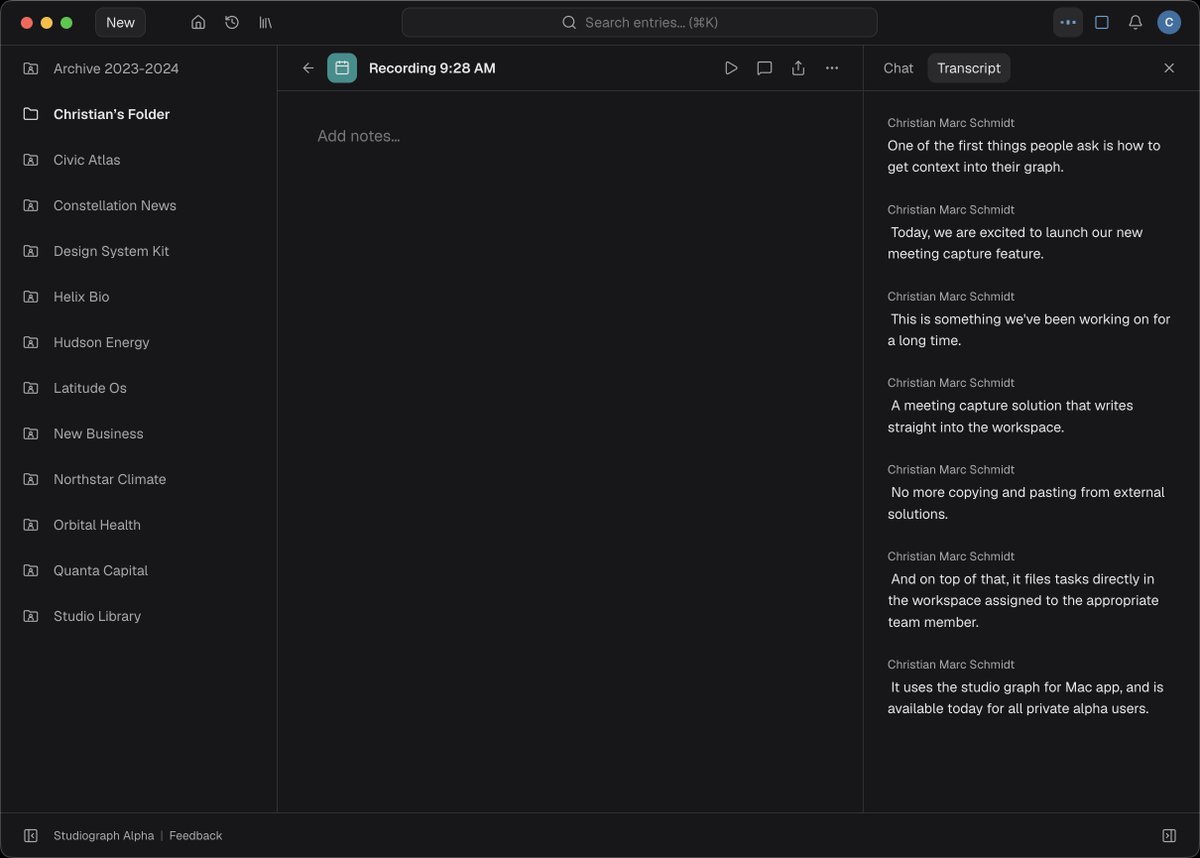 studiographai's tweet photo. Meeting Capture, a new feature in Studiograph, writes what happens in a call straight into your workspace, turning it into the people, organizations, and tasks it's about. You can also ask it questions live from the meeting chat. https://t.co/CbggkyO8RF
