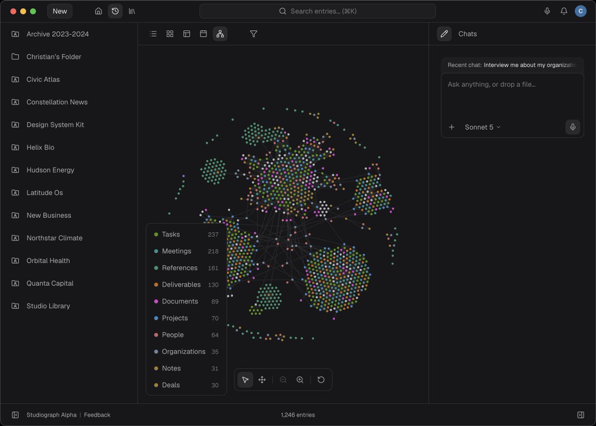 studiographai's tweet photo. Meeting Capture, a new feature in Studiograph, writes what happens in a call straight into your workspace, turning it into the people, organizations, and tasks it's about. You can also ask it questions live from the meeting chat. https://t.co/CbggkyO8RF