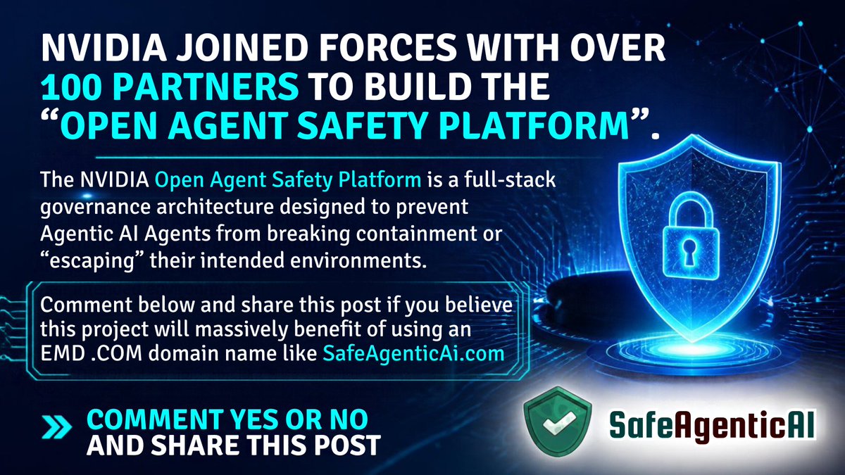 UrlExpo's tweet photo. NVIDIA joined forces with over 100 partners to build the "Open Agent Safety Platform" 

Do you believe this project will massively benefit of using an EMD .COM domain like https://t.co/8ppIAcTAdm 

Comment YES or NO &amp; share this post 👍

@nvidia @nvidianewsroom @NVIDIAAIInfra https://t.co/i86tkZbgf1