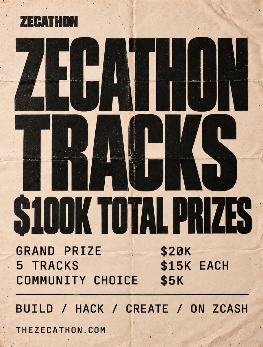zksnarks_'s tweet photo. ZECATHON // TRACKS_

$100K total prizes.
Five tracks. Room to experiment.

Build. Hack. Create on $ZEC.

Find your track below ↓
https://t.co/1wz3MpbuXh https://t.co/UgrKpSxgnS