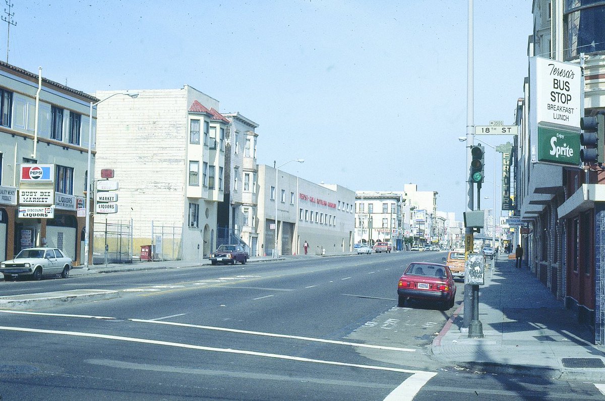 RetroBayArea's tweet photo. There was a Pepsi plant in San Francisco.

It was on Valencia Street, right where the police station is today.

These photos were taken in 1983 as San Francisco was transitioning away from its blue-collar roots. You can see it and feel it in these and other photos from that era. This block of Valencia just looked like a working-class SF street back then, versus the upscale, trendy block it eventually became.

The plant was at 630 Valencia Street.

📸: Max Kirkeberg, 1983