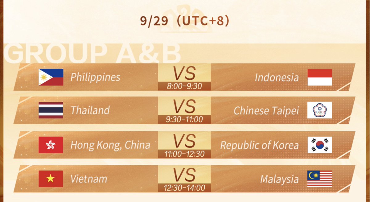 idvCC_twt's tweet photo. (29.09.26)
Asian Games Group Stage Day 2

Philippines vs Indonesia @ 8:00 UTC+8
Thailand vs Chinese Taipei @ 9:30 UTC+8
Hong Kong vs Korea @ 11:00 UTC+8
Vietnam vs Malaysia @ 12:30 UTC+8

International viewers should be able to watch the games live at: https://t.co/gerCy6g1rh https://t.co/ACYYwAbl0z