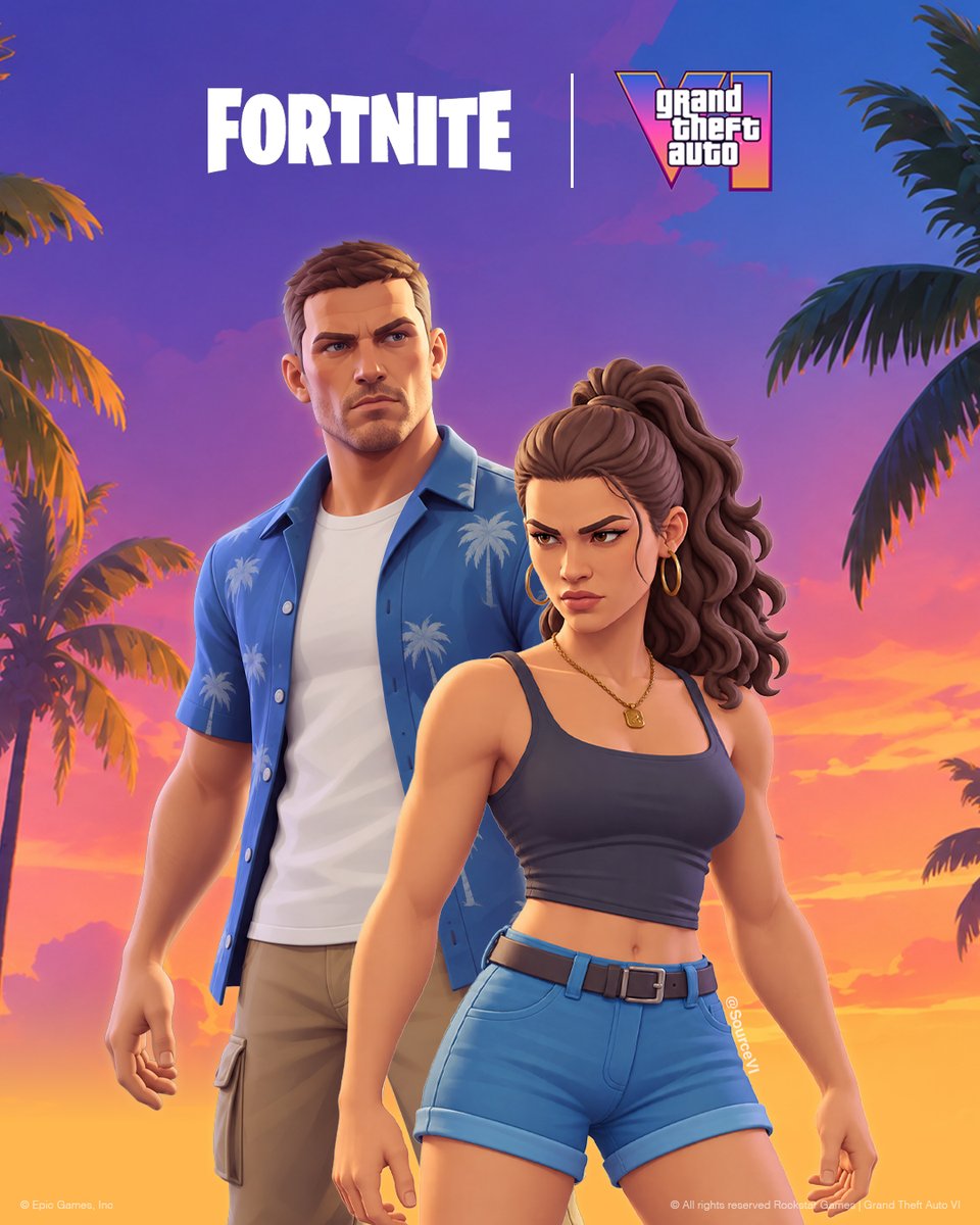 SourceVI's tweet photo. 🚨 RUMOUR: A recent Fortnite datamine has sparked speculation that Rockstar Games and Epic Games are currently working on a GTA VI collaboration.

Sources suggest the crossover will bring GTA VI content to Fortnite around the GTA launch, including exclusive Jason and Lucia skins that only players who preordered GTA 6 will be able to claim. 👀

Nothing has been officially confirmed by Epic Games or Rockstar Games just yet. ⚡ @thrill_com