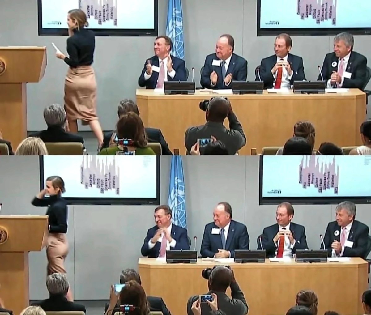 InsaneReality's tweet photo. Emma Watson moments before giving a speech on feminism while the entire panel behind her forgot how to act 😭 https://t.co/NlIyNJSV3r