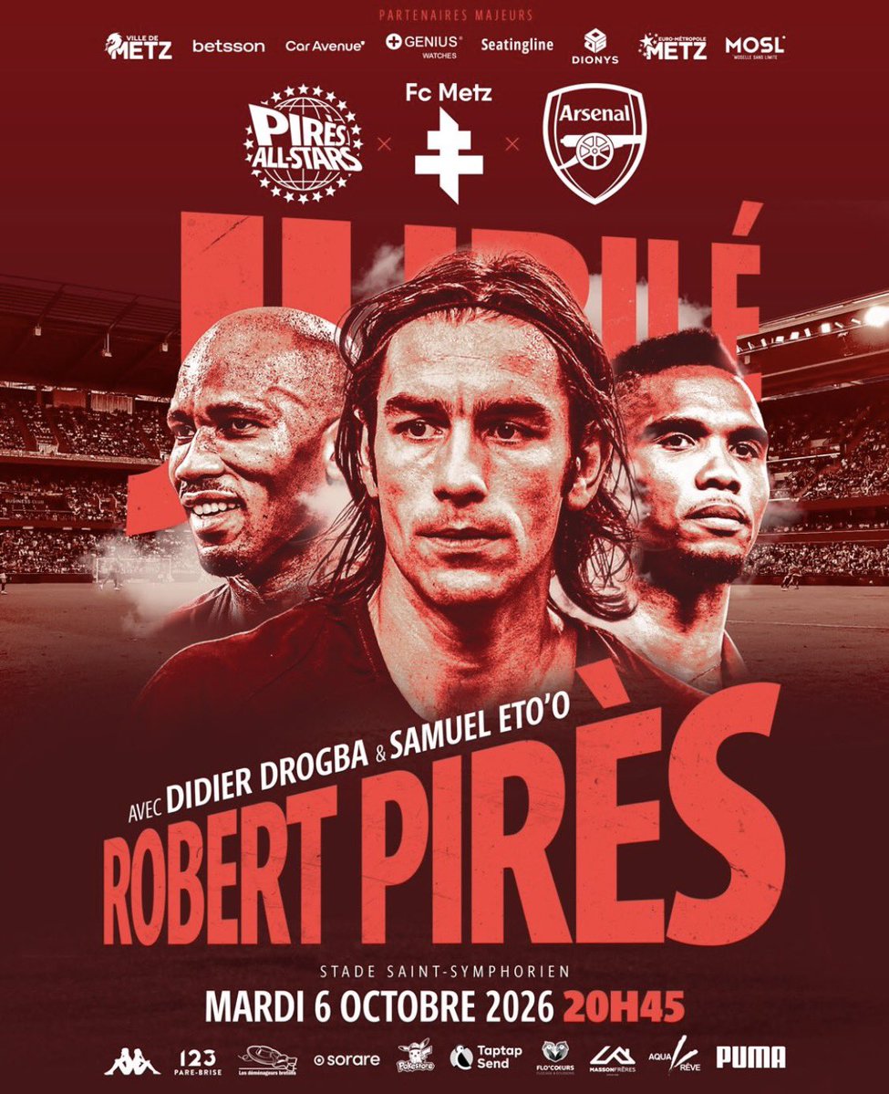 AllezLesLions's tweet photo. 🔴 Samuel Eto’o prendra part au jubilé de Robert Pires le mardi 6 octobre 2026 au stade Saint-Symphorien, à Metz. 🔜🇨🇲 https://t.co/Fd9aDqR8yE