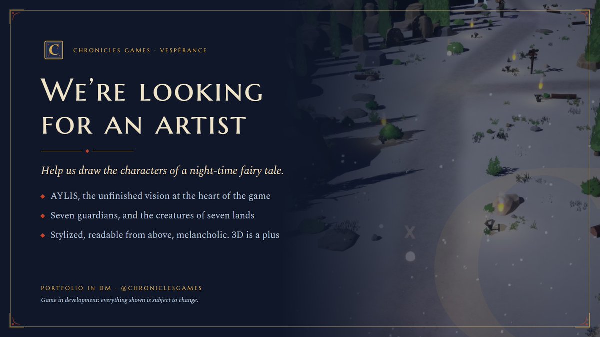 devchronicles1's tweet photo. We're looking for an artist ✒️

Chronicles Games is making VESPÉRANCE, a roguelite across seven lands, and we need someone to shape its characters: the hero, the guardians, the creatures.

Stylized, readable, melancholic. 3D is a plus.

Portfolio in DM 👇
#gamedev #indiedev https://t.co/4roff7lP2g